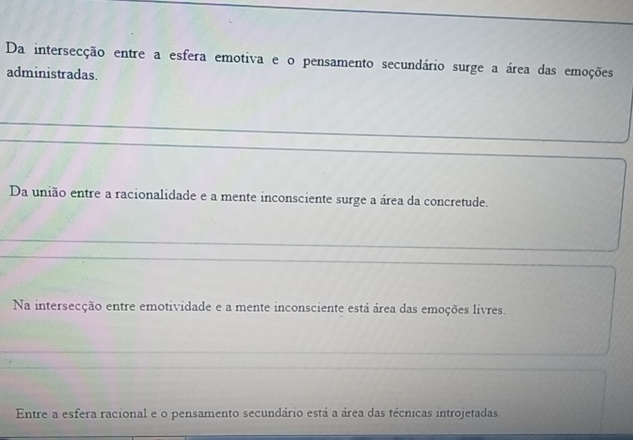 Da intersecção entre a esfera emotiva e o pensamento secundário surge a área das emoções 
administradas. 
_ 
_ 
Da união entre a racionalidade e a mente inconsciente surge a área da concretude. 
_ 
_ 
_ 
_ 
Na intersecção entre emotividade e a mente inconsciente está área das emoções livres. 
Entre a esfera racional e o pensamento secundário está a área das técnicas introjetadas