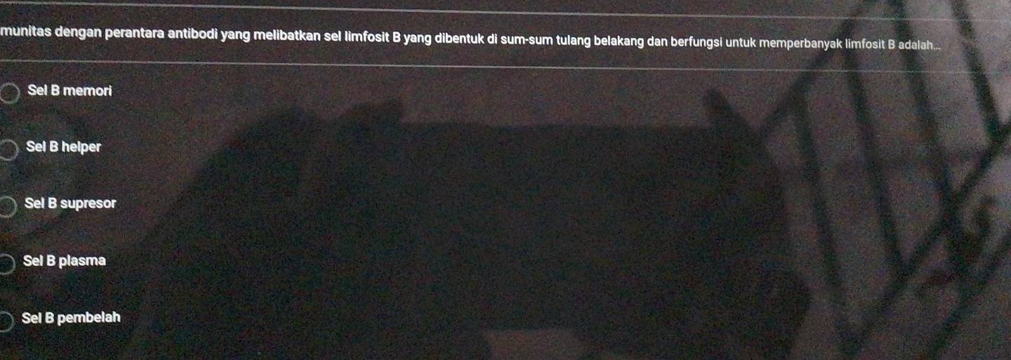 munitas dengan perantara antibodi yang melibatkan sel limfosit B yang dibentuk di sum-sum tulang belakang dan berfungsi untuk memperbanyak limfosit B adalah...
Sel B memori
Sel B helper
Sel B supresor
Sel B plasma
Sel B pembelah