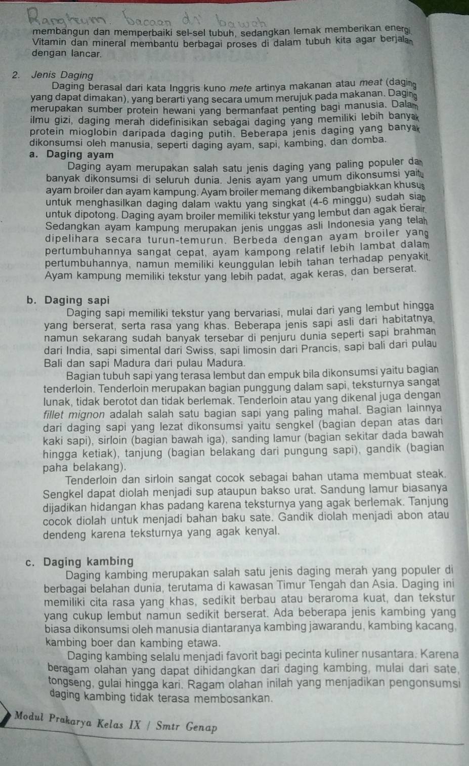 membangun dan memperbaiki sel-sel tubuh, sedangkan lemak memberikan ener
Vitamin dan mineral membantu berbagai proses di dalam tubuh kita agar berjala
dengan lancar.
2. Jenis Daging
Daging berasal dari kata Inggris kuno mete artinya makanan atau meat (daging
yang dapat dimakan), yang berarti yang secara umum merujuk pada makanan. Dagin
merupakan sumber protein hewani yang bermanfaat penting bagi manusia. Dalam
ilmu gizi, daging merah didefinisikan sebagai daging yang memiliki lebih banya
protein mioglobin daripada daging putih. Beberapa jenis daging yang banya
dikonsumsi oleh manusia, seperti daging ayam, sapi, kambing, dan domba.
a. Daging ayam
Daging ayam merupakan salah satu jenis daging yang paling populer da
banyak dikonsumsi di seluruh dunia. Jenis avam yang umum dikonsumsi yait
ayam broiler dan ayam kampung. Ayam broiler memang dikembangbiakkan khusus
untuk menghasilkan daging dalam waktu yang singkat (4-6 minggu) sudah siap
untuk dipotong. Daging ayam broiler memiliki tekstur yang lembut dan agak berair
Sedangkan ayam kampung merupakan jenis unggas asli Indonesia yang telah
dipelihara secara turun-temurun. Berbeda dengan ayam broiler yang
pertumbuhannya sangat cepat, ayam kampong relatif lebih lambat dalam
pertumbuhannya, namun memiliki keunggulan lebih tahan terhadap penyakit
Ayam kampung memiliki tekstur yang lebih padat, agak keras, dan berserat.
b. Daging sapi
Daging sapi memiliki tekstur yang bervariasi, mulai dari yang lembut hingga
yang berserat, serta rasa yang khas. Beberapa jenis sapi asli dari habitatnya,
namun sekarang sudah banyak tersebar di penjuru dunia seperti sapi brahma
dari India, sapi simental dari Swiss, sapi limosin dari Prancis, sapi bali dari pulau
Bali dan sapi Madura dari pulau Madura.
Bagian tubuh sapi yang terasa lembut dan empuk bila dikonsumsi yaitu bagian
tenderloin. Tenderloin merupakan bagian punggung dalam sapi, teksturnya sangat
lunak, tidak berotot dan tidak berlemak. Tenderloin atau yang dikenal juga dengan
fillet mignon adalah salah satu bagian sapi yang paling mahal. Bagian lainnya
dari daging sapi yang lezat dikonsumsi yaitu sengkel (bagian depan atas dari
kaki sapi), sirloin (bagian bawah iga), sanding lamur (bagian sekitar dada bawah
hingga ketiak), tanjung (bagian belakang dari pungung sapi), gandik (bagian
paha belakang).
Tenderloin dan sirloin sangat cocok sebagai bahan utama membuat steak.
Sengkel dapat diolah menjadi sup ataupun bakso urat. Sandung lamur biasanya
dijadikan hidangan khas padang karena teksturnya yang agak berlemak. Tanjung
cocok diolah untuk menjadi bahan baku sate. Gandik diolah menjadi abon atau
dendeng karena teksturnya yang agak kenyal.
c. Daging kambing
Daging kambing merupakan salah satu jenis daging merah yang populer di
berbagai belahan dunia, terutama di kawasan Timur Tengah dan Asia. Daging ini
memiliki cita rasa yang khas, sedikit berbau atau beraroma kuat, dan tekstur
yang cukup lembut namun sedikit berserat. Ada beberapa jenis kambing yang
biasa dikonsumsi oleh manusia diantaranya kambing jawarandu, kambing kacang,
kambing boer dan kambing etawa.
Daging kambing selalu menjadi favorit bagi pecinta kuliner nusantara. Karena
beragam olahan yang dapat dihidangkan dari daging kambing, mulai dari sate,
tongseng, gulai hingga kari. Ragam olahan inilah yang menjadikan pengonsumsi
daging kambing tidak terasa membosankan.
Modul Prakarya Kelas IX / Smtr Genap