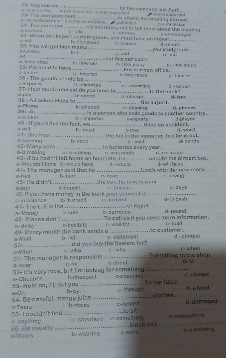 29- Vecetables ..ç._ by the company last April.
a- is exported b-are exported c-was exported to attend the meeting abroad. were exported 
30- The company sent
a- an ambassador b-a representative politician
31- The manager ....... .his secretary not to tell them about the meeting. d-a musician
a-advised b- told c- warned
32- When you import certain goods, you must have an import d-encouraged
a-bill b- document
33- You will get high marks c- licence d -report
34- b-if _c- and you study hard. d - but
n-Unless did this car cost?
a- How often b- How old c- How many
35- We need to have d- How much
a-Insure b- insured . For our new office.
_
36 - The goods should be c- insurance d- insurer
a-Exports b- exported c - exporting d- export
37- How much interest do you have to
a-pay b- spend _to the bank?
38 - Ali asked Huda to _c- charge  the airport. d- lend
a-Phone b- phoned c- phoning
39- -A._ . Is a person who sells goods to another country. d- phones
a-broker b - importer
40 - If you drive too fast, we c-exporter d-player
a-will b - must_ c-may Have an accident. d- won't
41- She has
A-sending _b- send the fax to the manager, but he is out. d- sends
c - sent
42- Many cars _In factories every year.
a-ls making b- is making c- was made
43- If he hadn't left home an hour late, he d-äre mäde
a-Wouldn't have b- would have c - would caught the airport bus. d- will have
44- The manager said that he _munch with the new clerk.
a-has b- had c- have d- having
45- He didn't _the car, he is very poor
a-buy b-bought c- buying d- buys
46-if you have money in the bank your account is_
a-ln balance b- in credit c-- in debit d- in cash
47- The L.E is the _of Egypt .
a- Money b-sum c- currency d- pound
48- Please don't _To call us if you need more information.
a- delay b-hesitate c- wait for d- hold
49- Every month the bank sends a _to customer.
a-Meal b- list c- statement d - cheque
50-_ did you buy the flowers for?
a-What b- who c - why d- when
51- The manager is responsible _Everything in the shop.
a- over b-for c-about d- to
52- it's very nice, but I'm looking for something_
a- Cheaper b-cheapest c-cheeping d- cheaps
53- Hold on, I'll put you _To her later.
a-On b- by c- through d- a head
54- Be careful, mango juice _clothes.
a-Tears b-stains c-dented d-damaged
55- I cou!dn't find _.to sit.
a- anything b- anywhere c-something d- somewhere
56- He usua!ly _black suit.
a-Wears b- wearing c-wore d-is wearing