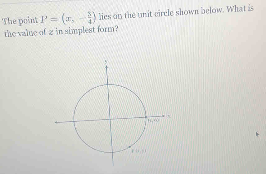 The point P=(x,- 3/4 ) lies on the unit circle shown below. What is
the value of x in simplest form?