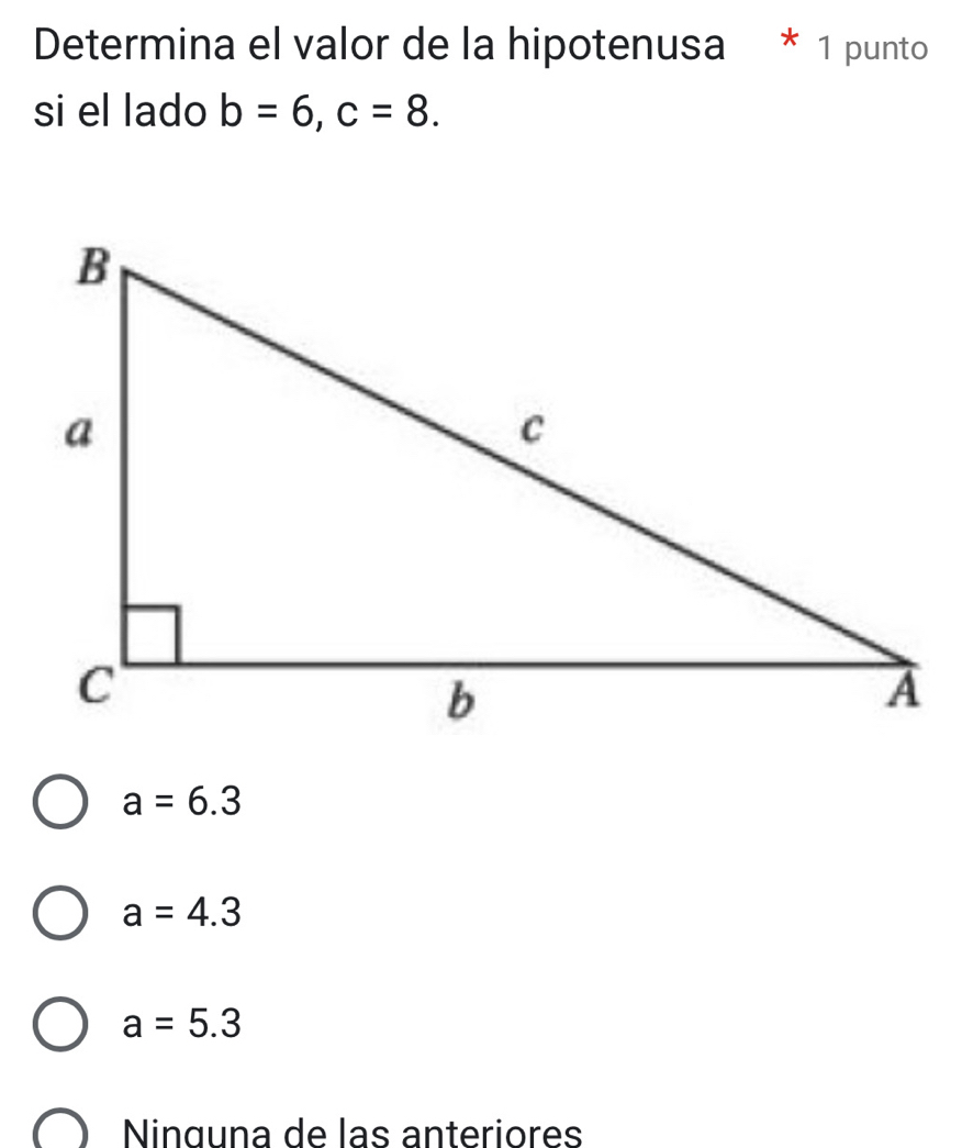 Determina el valor de la hipotenusa * 1 punto
si el lado b=6, c=8.
a=6.3
a=4.3
a=5.3
Ninguna de las anteriores