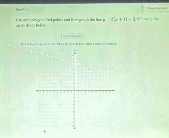 Question Show Examples 
Use technology to find points and then graph the line y=3(x+1)+3 , following the 
instructions below. 
Ana pleres pam 
Plot of least two points that fit on the axes below. Click a point to delete it,