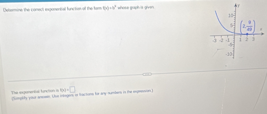 Determine the correct exponential function of the form f(x)=b^x whose graph is given. 
The exponential function is f(x)=□
(Simplify your answer. Use integers or fractions for any numbers in the expression.)