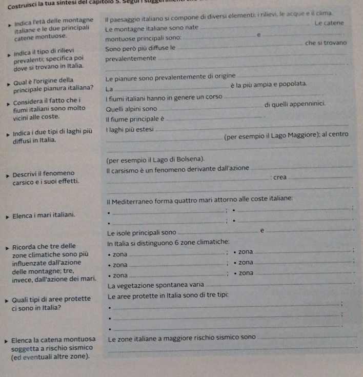 Costruisci la tua sintesí del capitóió 5. Seguii sugge
Indica l'età delle montagne Il paesaggio italiano si compone di diversi elementi: i rilievi, le acque e il clima.
italiane e le due principali Le montagne italiane sono nate _Le catene
catene montuose. montuose principali sono:_
e
_
_che si trovano
_
Indica il tipo di rilievi Sono però più diffuse le
_
prevalenti; specifica poi prevalentemente
_
dove si trovano in Italia.
Qual è l'origine della Le pianure sono prevalentemente di origine
_
principale pianura italiana? La _è la più ampia e popolata.
Considera il fatto che i I fiumi italiani hanno in genere un corso
fiumi italiani sono molto Quelli alpini sono_ di quelli appenninici.
vicini alle coste. Il fiume principale è_
Indica i due tipi di laghi più I laghi più estesi
_
_
diffusi in Italia. _(per esempio il Lago Maggiore); al centro
(per esempio il Lago di Bolsena).
Descrivi il fenomeno Il carsismo è un fenomeno derivante dall'azione
_
_
carsico e i suoi effetti. _: crea_
Il Mediterraneo forma quattro mari attorno alle coste italiane:
.
_
_
_
Elenca i mari italiani.
_
.
Le isole principali sono _e_
Ricorda che tre delle In Italia si distinguono 6 zone climatiche:
_:
zone climatiche sono più zona_
zona
influenzate dall'azione zona _zona_
:
delle montagne; tre,
  
_
invece, dall'azione dei mari. zona _zona_
La vegetazione spontanea varia
Quali tipi di aree protette Le aree protette in Italia sono di tre tipi:
_:
ci sono in Italia?
_:
_
.
Elenca la catena montuosa Le zone italiane a maggiore rischio sismico sono_
soggetta a rischio sismico_
(ed eventuali altre zone).