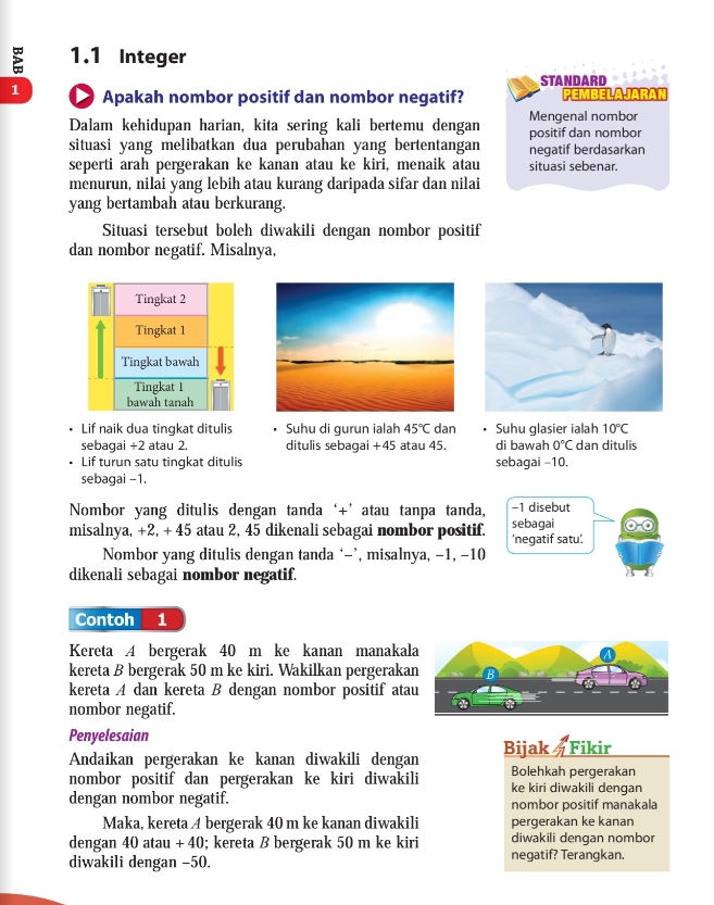 1.1 Integer
STANDARD
1  Apakah nombor positif dan nombor negatif? PEMBELAJARAN
Mengenal nombor
Dalam kehidupan harian, kita sering kali bertemu dengan positif dan nombor
situasi yang melibatkan dua perubahan yang bertentangan negatif berdasarkan
seperti arah pergerakan ke kanan atau ke kiri, menaik atau situasi sebenar.
menurun, nilai yang lebih atau kurang daripada sifar dan nilai
yang bertambah atau berkurang.
Situasi tersebut boleh diwakili dengan nombor positif
dan nombor negatif. Misalnya,
Lif naik dua tingkat ditulis Suhu di gurun ialah 45°C dan Suhu glasier ialah 10°C
sebagai +2 atau 2. ditulis sebagai +45 atau 45. di bawah 0°C dan ditulis
Lif turun satu tingkat ditulis sebagai −10.
sebagai −1.
Nombor yang ditulis dengan tanda ‘+’ atau tanpa tanda, −1 disebut
misalnya, +2, + 45 atau 2, 45 dikenali sebagai nombor positif. sebagai 'negatif satu’.
Nombor yang ditulis dengan tanda ‘-’, misalnya, −1, -10
dikenali sebagai nombor negatif.
Contoh 1
Kereta A bergerak 40 m ke kanan manakal
kereta B bergerak 50 m ke kiri. Wakilkan pergeraka
kereta A dan kereta B dengan nombor positif ata
nombor negatif.
Penyelesaian
Andaikan pergerakan ke kanan diwakili dengan Bijak & Fikir
Bolehkah pergerakan
nombor positif dan pergerakan ke kiri diwakili ke kiri diwakili dengan
dengan nombor negatif. nombor positif manakala
Maka, kereta A bergerak 40 m ke kanan diwakili pergerakan ke kanan
dengan 40 atau + 40; kereta B bergerak 50 m ke kiri diwakili dengan nombor
diwakili dengan −50. negatif? Terangkan.