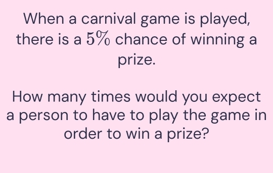 When a carnival game is played, 
there is a 5% chance of winning a 
prize. 
How many times would you expect 
a person to have to play the game in 
order to win a prize?