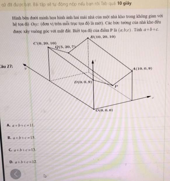 cử đã được bật. Bài tập sẽ tự động nộp nếu ban rời Tab quá 10 giây.
Hình bền dưới minh họa hình ảnh hai mái nhà của một nhà kho trong không gian với
hệ tọa độ Oxyz (đơn vị trên mỗi trục tọa độ là mét). Các bức tường của nhà kho đêu
được xây vuỡng góc với mặt đất. Biết tọa độ của điểm P là (a;b;c). Tính a+b+c.
Câu 27:
A. a+b+c=11.
B. a+b+c=15.
C. a+b+c=13.
D. a+b+c=12.