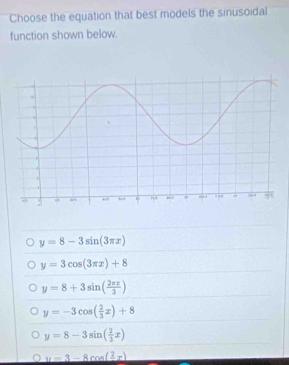 Choose the equation that best models the sinusoidal
function shown below.
y=8-3sin (3π x)
y=3cos (3π x)+8
y=8+3sin ( 2π x/3 )
y=-3cos ( 2/3 x)+8
y=8-3sin ( 2/3 x)
_ u=3-8cos (frac 2x)