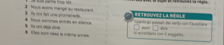 Je suís partie trop tôt. avec le sujet et retrouvez la règle. 
2 Nous avons mangé au restaurant. 
3 Is ont fait une promenade. Retrouvez la Règle 
4 Nous sommes entrés en silence. l participi passati dei verbi con l'ausiliare 
avoir être 
5 Ils ont déjà diné. si accordano con il soggetto. 
6 Elles sont nées la même année.