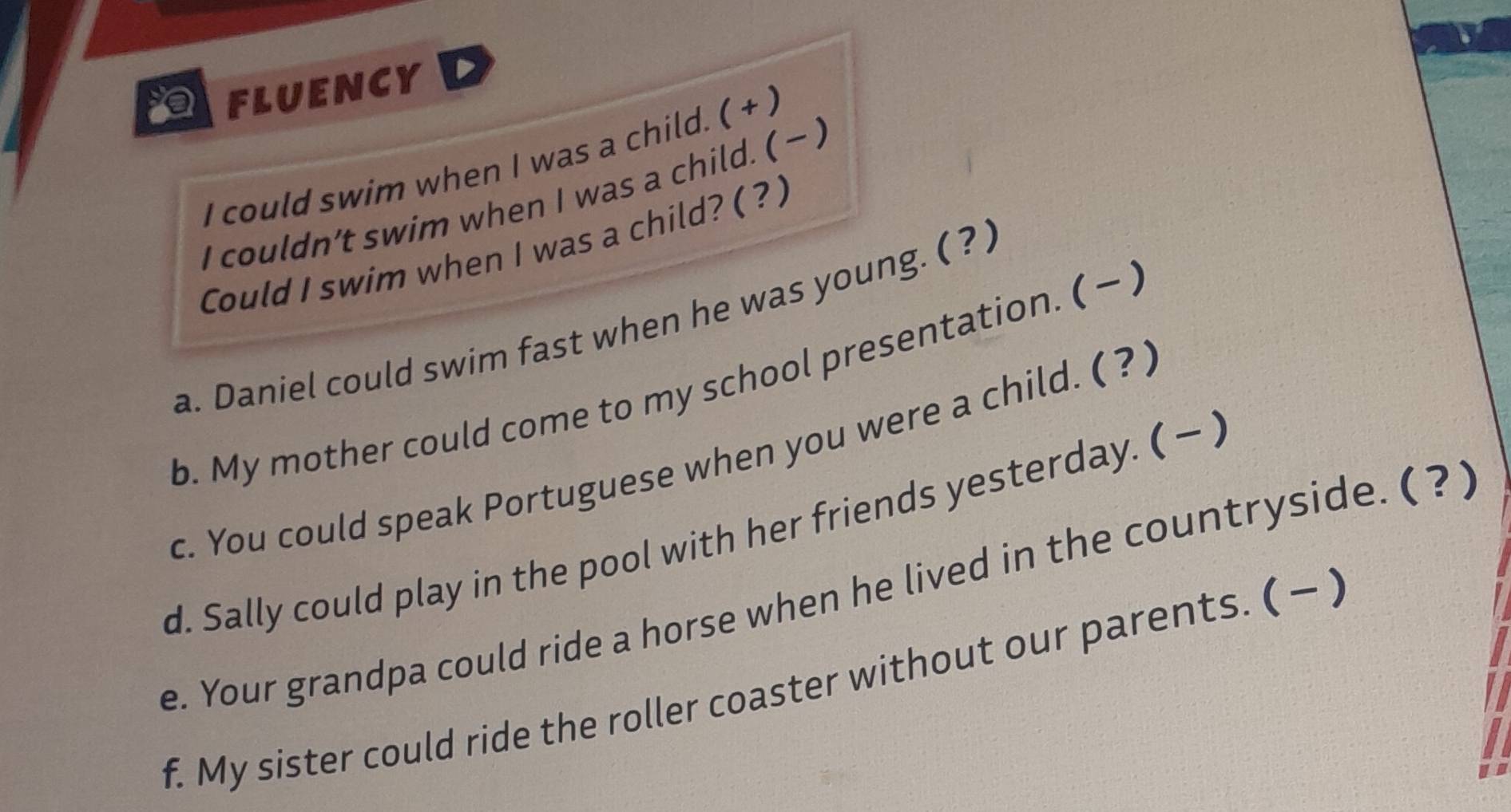 FLUENCY 
I could swim when I was a child. ( + ) 
I couldn’t swim when I was a child. ( - ) 
Could I swim when I was a child? ( ? ) 
a. Daniel could swim fast when he was young. ( ? ) 
b. My mother could come to my school presentation. ( — ) 
c. You could speak Portuguese when you were a child. ( ? ) 
d. Sally could play in the pool with her friends yesterday. ( − ) 
e. Your grandpa could ride a horse when he lived in the countryside. ( ? ) 
f. My sister could ride the roller coaster without our parents. ( - )