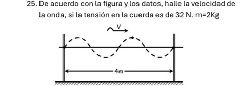 De acuerdo con la figura y los datos, halle la velocidad de 
la onda, si la tensión en la cuerda es de 32 N. m=2Kg