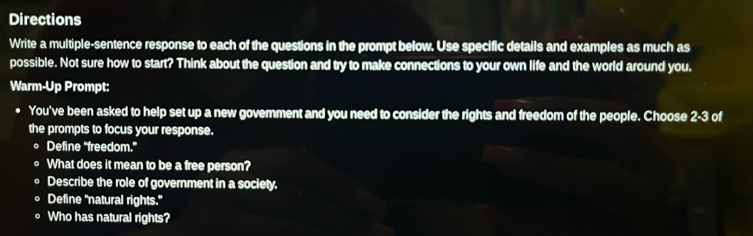 Solved: Directions Write a multiple-sentence response to each of the ...