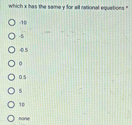 which x has the same y for all rational equations *
-10
-5
-0.5
0
0.5
5
10
none