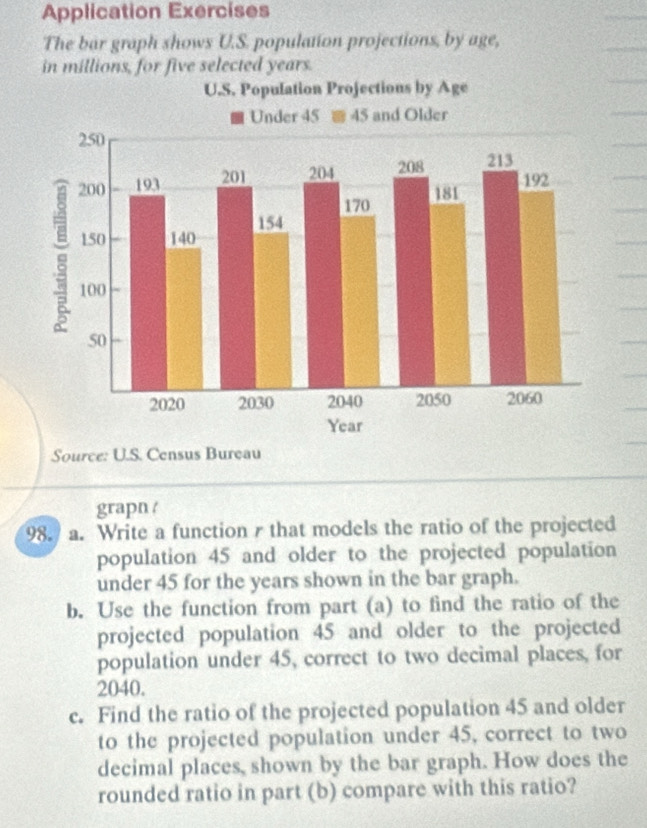 Application Exercises 
The bar graph shows U.S. population projections, by age, 
in millions, for five selected years. 
grapn / 
98. a. Write a function r that models the ratio of the projected 
population 45 and older to the projected population 
under 45 for the years shown in the bar graph. 
b. Use the function from part (a) to find the ratio of the 
projected population 45 and older to the projected 
population under 45, correct to two decimal places, for
2040. 
c. Find the ratio of the projected population 45 and older 
to the projected population under 45, correct to two 
decimal places, shown by the bar graph. How does the 
rounded ratio in part (b) compare with this ratio?