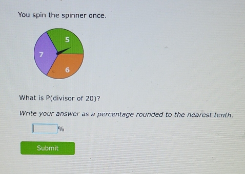 You spin the spinner once. 
What is P (divisor of 20)? 
Write your answer as a percentage rounded to the nearest tenth.
□ %
Submit