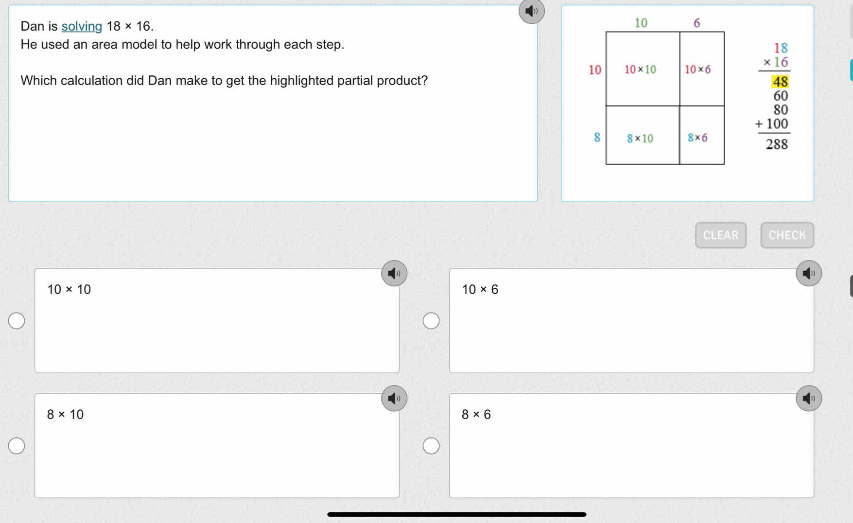 Solved: Dan is solving 18* 16. He used an area model to help work ...