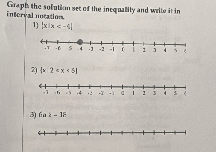 Graph the solution set of the inequality and write it in 
interval notation. 
1)  x|x
2)  x|2≤ x≤ 6
3) 6a≥ -18