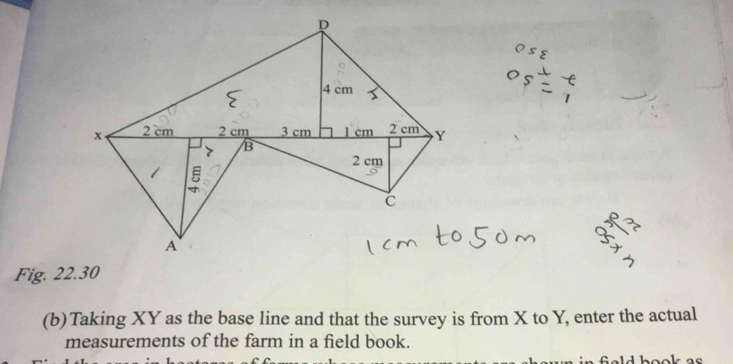 Fig. 22.30 
(b)Taking XY as the base line and that the survey is from X to Y, enter the actual 
measurements of the farm in a field book. 
e ld hook as