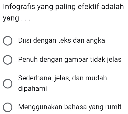 Infografis yang paling efektif adalah
yang . . .
Diisi dengan teks dan angka
Penuh dengan gambar tidak jelas
Sederhana, jelas, dan mudah
dipahami
Menggunakan bahasa yang rumit