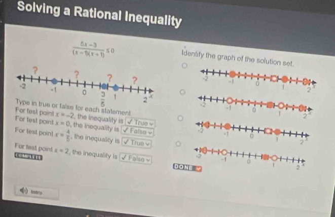 Solving a Rational Inequality
 (6x-3)/(x-1)(x+1) ≤ 0
ldentify the graph of the solution set.
for each statement
For test paint x=-2 the inequality is  √ True 
For test point x=0 , the inequality is Falso≌ 
For test point x= 4/5  , the inequality is √ Truê ×
For test point x=2 , the inequality is √ Falso ν 
D
Intro