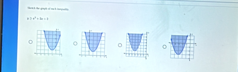 Skrtch the graph of each inequality.
y≥ x^2+2x+2