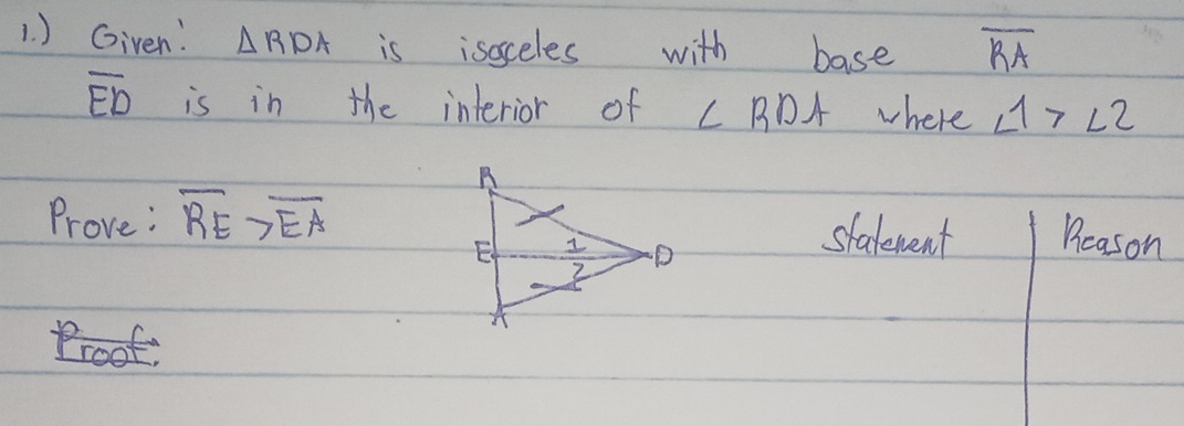 ) Given: △ RDA is isosceles with base overline RA
overline ED is in the interior of ∠ RDA where ∠ 1>∠ 2
Prove: overline RE>overline EA stalement Beason