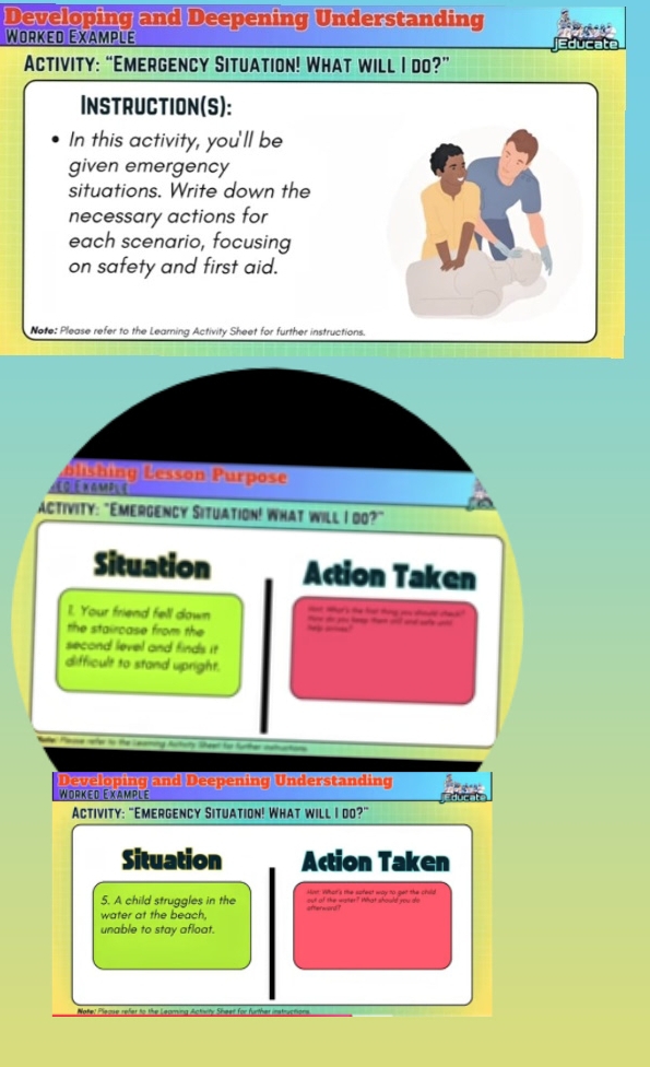 Developing and Deepening Understanding 
Wörked Eχample 
Activity: “Emergency Situation! What will I do?” 
InSTRUCTiON(S): 
In this activity, you'll be 
given emergency 
situations. Write down the 
necessary actions for 
each scenario, focusing 
on safety and first aid. 
Note: Please refer to the Learning Activity Sheet for further instructions. 
o h g Lesson Purpose 
GE XaMPL e 
Activity: "EmErGeNCy Situation! What Will I do?" 
Situation Action Taken 
I. Your friend fell down Hat What's the har thang you dould chack? 
the staircase from the __ 
second level and finds it 
difficult to stand upright. 
eoming Actsty Sheer to further auttos 
Developing and Deepening Understanding 
Wörked Eχampιé jeducate 
Activity: "Emergency Situation! What will I do?" 
Situation Action Taken 
5. A child struggles in the out ot the water? What should you do Must: What's the sofest way to get the child 
water at the beach, 
unable to stay afloat. 
Note! Please refer to the Leaming Activity Sheet for further instructions