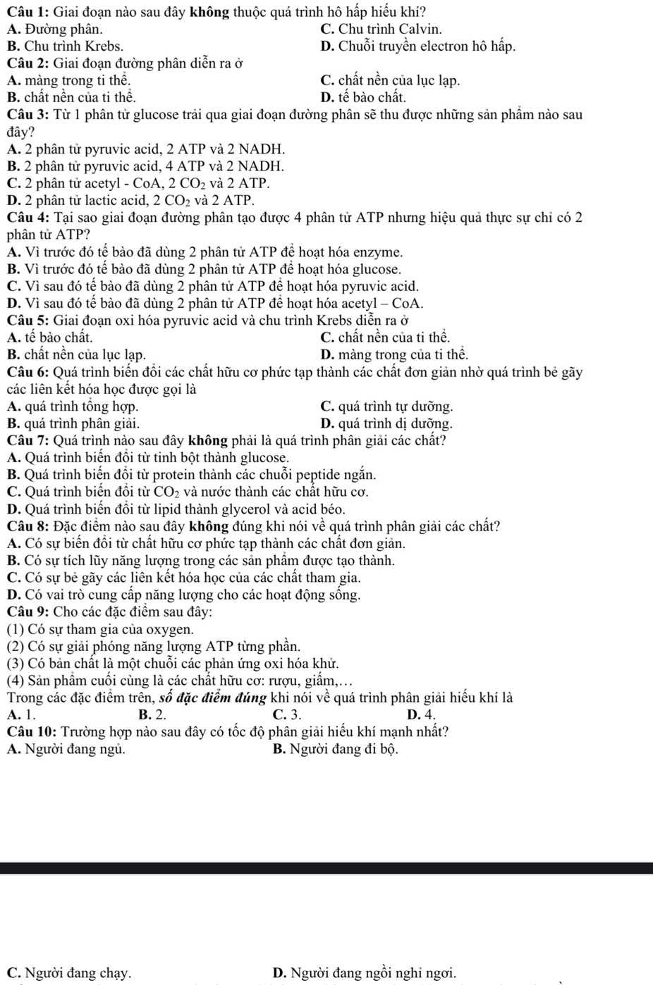 Giai đoạn nào sau đây không thuộc quá trình hô hấp hiếu khí?
A. Đường phân. C. Chu trình Calvin.
B. Chu trình Krebs. D. Chuỗi truyền electron hô hấp.
Câu 2: Giai đoạn đường phân diễn ra ở
A. màng trong ti thể. C. chất nền của lục lạp.
B. chất nền của ti thể. D. tế bào chất.
Câu 3: Từ 1 phân tử glucose trải qua giai đoạn đường phân sẽ thu được những sản phầm nào sau
đây?
A. 2 phân tử pyruvic acid, 2 ATP và 2 NADH.
B. 2 phân tử pyruvic acid, 4 ATP và 2 NADH.
C. 2 phân tử acetyl - CoA, 2CO_2 và 2 ATP.
D. 2 phân tử lactic acid, 2CO_2 và 2 ATP.
Câu 4: Tại sao giai đoạn đường phân tạo được 4 phân tử ATP nhưng hiệu quả thực sự chỉ có 2
phân tử ATP?
A. Vì trước đó tế bào đã dùng 2 phân tử ATP để hoạt hóa enzyme.
B. Vì trước đó tế bào đã dùng 2 phân tử ATP để hoạt hóa glucose.
C. Vì sau đó tế bào đã dùng 2 phân tử ATP để hoạt hóa pyruvic acid.
D. Vì sau đó tế bào đã dùng 2 phân tử ATP để hoạt hóa acetyl - CoA.
Câu 5: Giai đoạn oxi hóa pyruvic acid và chu trình Krebs diễn ra ở
A. tế bào chất. C. chất nền của ti thể.
B. chất nền của lục lạp. D. màng trong của ti thể.
Câu 6: Quá trình biến đổi các chất hữu cơ phức tạp thành các chất đơn giản nhờ quá trình bẻ gãy
các liên kết hóa học được gọi là
A. quá trình tổng hợp. C. quá trình tự dưỡng.
B. quá trình phân giải. D. quá trình dị dưỡng.
Câu 7: Quá trình nào sau đây không phải là quá trình phân giải các chất?
A. Quá trình biến đổi từ tinh bột thành glucose.
B. Quá trình biến đồi từ protein thành các chuỗi peptide ngắn.
C. Quá trình biến đổi từ CO_2 và nước thành các chất hữu cơ.
D. Quá trình biến đồi từ lipid thành glycerol và acid béo.
Câu 8: Đặc điểm nào sau đây không đúng khi nói về quá trình phân giải các chất?
A. Có sự biến đổi từ chất hữu cơ phức tạp thành các chất đơn giản.
B. Có sự tích lũy năng lượng trong các sản phẩm được tạo thành.
C. Có sự bẻ gãy các liên kết hóa học của các chất tham gia.
D. Có vai trò cung cấp năng lượng cho các hoạt động sống.
Câu 9: Cho các đặc điểm sau đây:
(1) Có sự tham gia của oxygen.
(2) Có sự giải phóng năng lượng ATP từng phần.
(3) Có bản chất là một chuỗi các phản ứng oxi hóa khử.
(4) Sản phẩm cuối cùng là các chất hữu cơ: rượu, giấm,...
Trong các đặc điểm trên, số đặc điểm đúng khi nói về quá trình phân giải hiếu khí là
A. 1. B. 2. C. 3. D. 4.
Câu 10: Trường hợp nào sau đây có tốc độ phân giải hiếu khí mạnh nhất?
A. Người đang ngủ. B. Người đang đi bộ.
C. Người đang chạy. D. Người đang ngồi nghỉ ngơi.