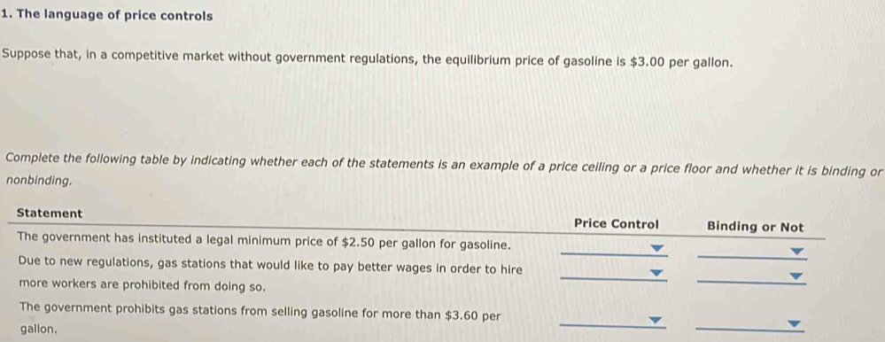 The language of price controls 
Suppose that, in a competitive market without government regulations, the equilibrium price of gasoline is $3.00 per gallon. 
Complete the following table by indicating whether each of the statements is an example of a price ceiling or a price floor and whether it is binding or 
nonbinding. 
Statement Price Control Binding or Not 
The government has instituted a legal minimum price of $2.50 per gallon for gasoline. 
Due to new regulations, gas stations that would like to pay better wages in order to hire 
more workers are prohibited from doing so. 
The government prohibits gas stations from selling gasoline for more than $3.60 per
gallon.