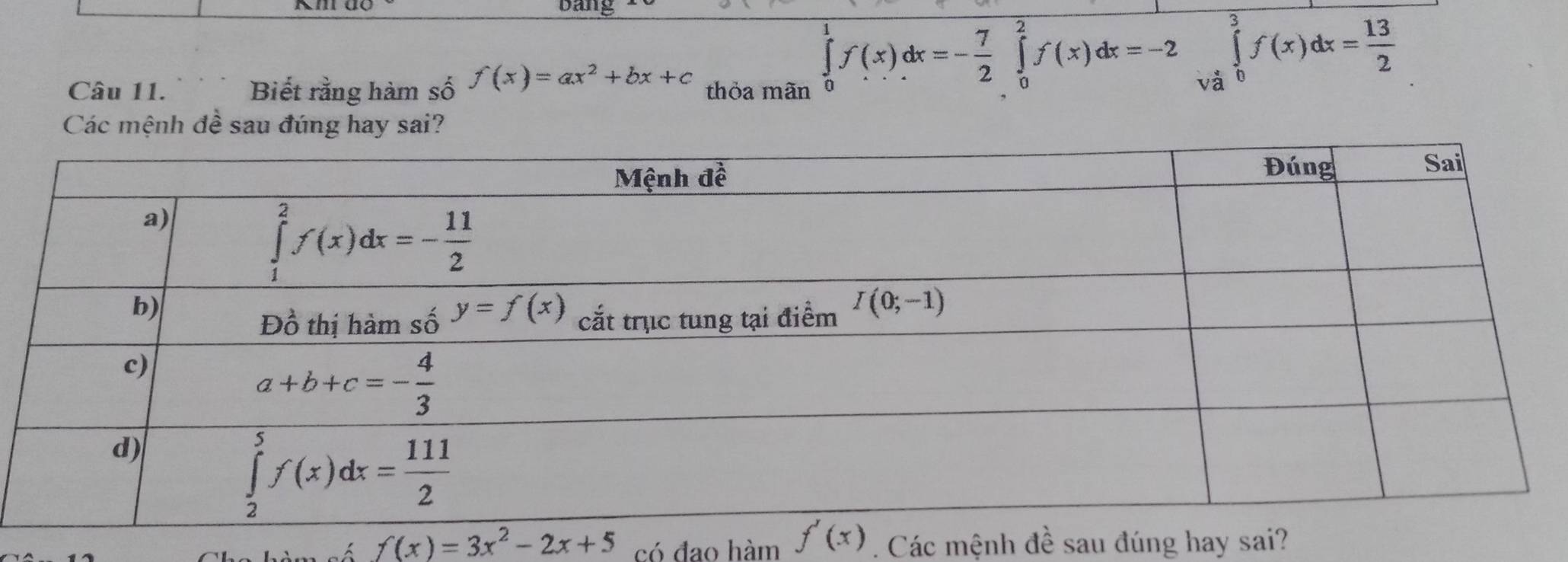 bang
Câu 11. `· Biết rằng hàm số f(x)=ax^2+bx+c thỏa mãn
∈tlimits _0^(1f(x)dx=-frac 7)2∈tlimits _0^(2f(x)dx=-2 ∈tlimits _Vhat a)^3f(x)dx= 13/2 
Các mệnh đề sau đúng hay sai?
f(x)=3x^2-2x+5 có đao hàm  . Các mệnh đề sau đúng hay sai?