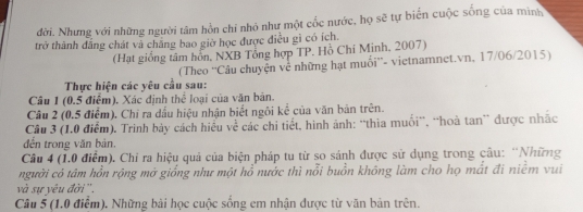 đời. Nhưng với những người tâm hồn chỉ nhỏ như một cốc nước, họ sẽ tự biển cuộc sống của mình 
trở thành đẳng chát và chẳng bao giờ học được điều gì có ích. 
(Hạt giống tâm hồn, NXB Tổng hợp TP. Hồ Chi Minh, 2007) 
Thực hiện các yêu cầu sau: (Theo ''Câu chuyện về những hạt muối''- vietnamnet.vn, 17/06/2015) 
Câu 1 (0.5 điểm). Xác định thể loại của văn bản. 
Câu 2 (0.5 điểm). Chỉ ra dầu hiệu nhận biết ngôi kể của văn bản trên. 
Câu 3 (1.0 điểm). Trinh bảy cách hiểu về các chi tiết, hình ảnh: “thia muối”, “hoà tan” được nhấc 
đến trong văn bản. 
Câu 4 (1.0 điểm). Chỉ ra hiệu quả của biện pháp tu từ so sánh được sử dụng trong câu: ''Những 
người có tâm hồn rộng mở giống như một hồ nước thì nổi buồn không làm cho họ mất đi niễm vui 
và sự yêu đời '', 
Câu 5 (1.0 điểm). Những bài học cuộc sống em nhận được từ văn bản trên.