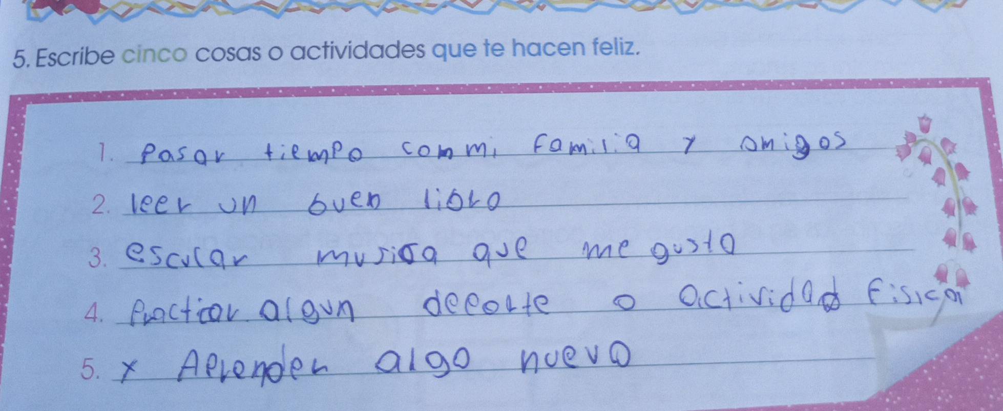 Escribe cinco cosas o actividades que te hacen feliz. 
1._ 
_ 
_ 
2._ 
_ 
3._ 
_ 
4._ 
5._