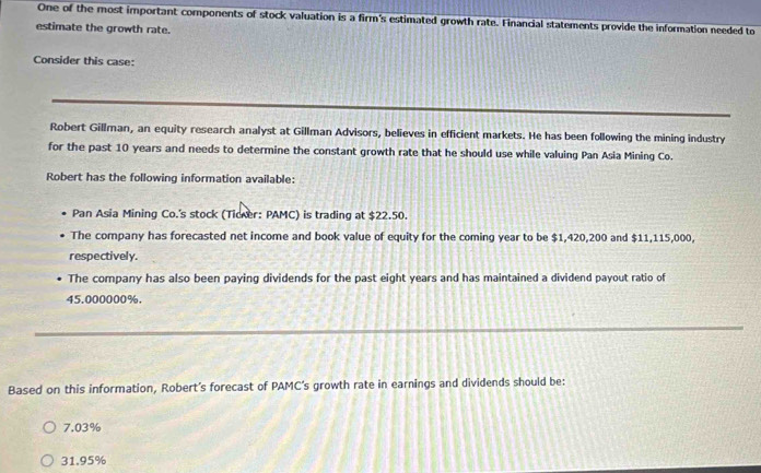 One of the most important components of stock valuation is a firm's estimated growth rate. Financial statements provide the information needed to
estimate the growth rate.
Consider this case:
Robert Gillman, an equity research analyst at Gillman Advisors, believes in efficient markets. He has been following the mining industry
for the past 10 years and needs to determine the constant growth rate that he should use while valuing Pan Asia Mining Co.
Robert has the following information available:
Pan Asia Mining Co.'s stock (Ticker: PAMC) is trading at $22.50.
The company has forecasted net income and book value of equity for the coming year to be $1,420,200 and $11,115,000,
respectively.
The company has also been paying dividends for the past eight years and has maintained a dividend payout ratio of
45.000000%.
Based on this information, Robert’s forecast of PAMC’s growth rate in earnings and dividends should be:
7.03%
31.95%