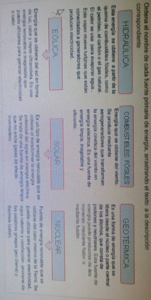 Ordena el nombre de cada fuente primaria de energía, arrastrando el texto a la descripción 
correspondiente 
HIDRAÚLICA COMBUSTIBLES FÓSILES GEOTÉRMICA 
Esta energía se obtiene a partir de la Energía que se obtiene del viento. Es una forma de energía que se 
quema de combustibles fósiles, como Se produce mediante libera desde el núcleo o parte central 
el petróleo, el carbón o el gas natural. aerogeneradores que transforman de los átomos, que consta de 
El calor se usa para evaporar agua.. la energía cinética del viento en protones y neutrones. Esta fuente de 
energía eléctrica. Es una fuente de energía puede producirse de dos 
Este vapor mueve turbinas que están energía limpia, inagotable y maneras: mediante fisión o 
conectadas a generádores que mediante fusión 
eficiente 
producen electricidad. 
EOLICA SOLAR NUCLEAR 
Energía que se obtiene del sol en forma Es un tipo de energía renovable que se Fuente de energía renovable que se 
de luz, calor y rayos ultravioleta. Es una obtiene al transformar la energia obtiene del calor interno de la Tierra. Se 
energia renovable e inagotable que potencial del agua en energía eléctrica. puede utilizar para generar electricidad, 
puede utilizarse para generar electricidad Se trata de una fuente de energía limpia agua caliente y calefacción. proviene de 
o calor. que no emite gases de efecto las palabras griegas geo (tierra) y 
invernadero thermos (calor).