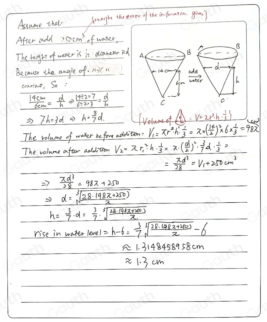 Solved: The diagram above shows a hollow cone that contains water up to ...