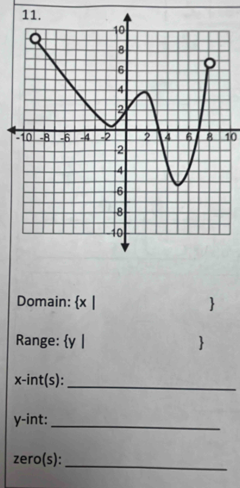 Domain: x | 
Range: y | 
x -int(s):_
y -int:_ 
zero(s):_