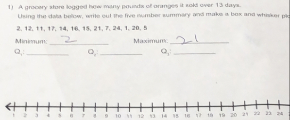 A grocery store logged how many pounds of oranges it sold over 13 days. 
Using the data below, write out the five number summary and make a box and whisker plo
2, 12, 11, 17, 14, 16, 15, 21, 7, 24, 1, 20 、 5
Minimum _Maximum:_ 
Q,:_ Q_2 : _ Q_3 : _
8 9 12