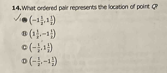 What ordered pair represents the location of point Q?
(-1 1/2 ,1 1/2 )
(1 1/2 ,-1 1/2 )
(- 1/2 ,1 1/2 )
(- 1/2 ,-1 1/2 )