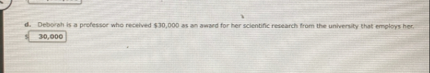 Deborah is a professor who received $30,000 as an award for her scientific research from the university that employs her
5 30,000