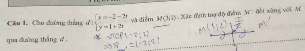 Cho đường thẳng d:beginarrayl x=-2-2t y=1+2tendarray. và điểm M(3;1). Xác định toạ độ điểm M' đối xứng với M 
qua đường thắng d.