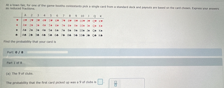 At a town fair, for one of the game booths contestants pick a single card from a standard deck and payouts are based on the card chosen. Express your answers 
as reduced fractions. 
Find the probability that your card is 
Part: 0 / 8 
Part 1 of 8 
(a) The 9 of clubs. 
The probability that the first card picked up was a 9 of clubs is □.  □ /□  