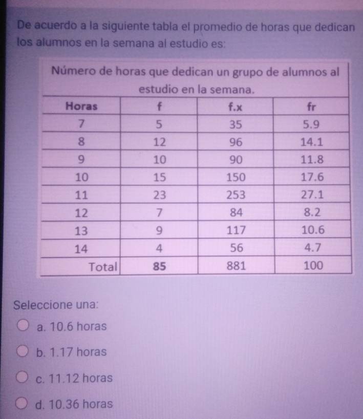 De acuerdo a la siguiente tabla el promedio de horas que dedican
los alumnos en la semana al estudio es:
Seleccione una:
a. 10.6 horas
b. 1.17 horas
c. 11.12 horas
d. 10.36 horas