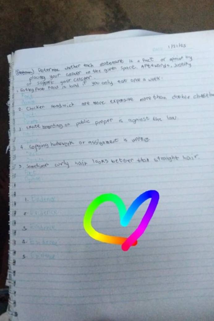 1p2iks 
Determic another each statomant is. fact or opinion by 
placing your answer on the given space. Afterands, Jootiny 
or sopport your unsder 
1 Eating foot food is bad if you only eat ond a week. 
2. chicker sandwich are more expensive nore than dooble chaseb 
3. sxate boording on public proper is against the law 
4 copying homework or assignment is wrong. 
35. sometime corly hair looks better than stroight hair. 
1. todeng 
ststence 
A. tnden