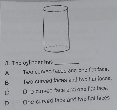 Solved: The cylinder has_ A Two curved faces and one flat face. B Two ...