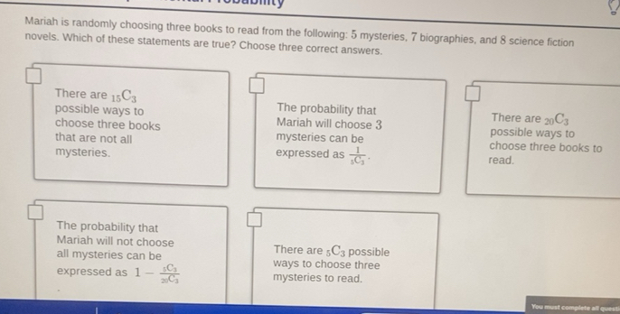 Solved: Mariah is randomly choosing three books to read from the ...