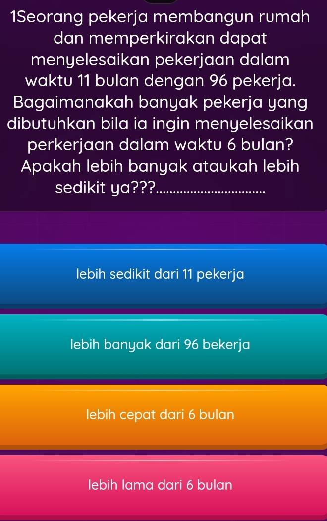 1Seorang pekerja membangun rumah
dan memperkirakan dapat
menyelesaikan pekerjaan dalam
waktu 11 bulan dengan 96 pekerja.
Bagaimanakah banyak pekerja yang
dibutuhkan bila ia ingin menyelesaikan
perkerjaan dalam waktu 6 bulan?
Apakah lebih banyak ataukah lebih
sedikit ya???_
lebih sedikit dari 11 pekerja
lebih banyak dari 96 bekerja
lebih cepat dari 6 bulan
lebih lama dari 6 bulan