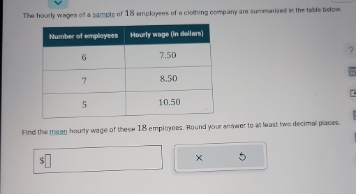 The hourly wages of a sample of 18 employees of a clothing company are summarized in the table below. 
? 
Find the mean hourly wage of these 18 employees. Round your answer to at least two decimal places. 
×