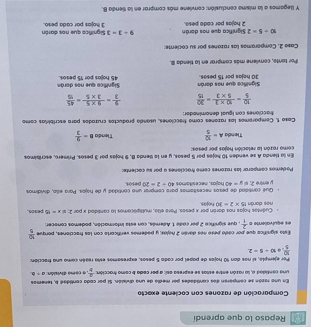 Repaso lo que aprendí
Comparación de razones con cociente exacto
En una razón se comparan dos cantidades por medio de una división. Si por cada cantidad b, tenemos
una cantidad a, la razón entre estas se expresa así: a por cada b como fracción:  a/b  , o como división: a/ b.
Por ejemplo, si nos dan 10 hojas de papel por cada 5 pesos, expresamos esta razón como una fracción:
 10/5 ,010/ 5=2.
Esto significa que por cada peso nos darán 2 hojas; y podemos verificarlo con las fracciones, porque  10/5 
es equivalente a  2/1  , que significa 2 por cada 1. Además, con esta información, podemos conocer:
Cuántas hojas nos darán por x pesos. Para ello, multiplicamos la cantidad x por 2; si x=15 pesos,
nos darán 15* 2=30 hojas.
Qué cantidad de pesos necesitamos para comprar una cantidad y de hojas. Para ello, dividimos
y entre 2; si y=40 hojas, necesitamos 40/ 2=20 pesos.
Podemos comparar las razones como fracciones o por su cociente:
En la tienda A se venden 10 hojas por 5 pesos, y en la tienda B, 9 hojas por 3 pesos. Primero, escribimos
como razón la relación hojas por pesos:
Tienda A= 10/5  Tienda B= 9/3 
Caso 1. Comparamos las razones como fracciones, usando productos cruzados para escribirlas como
fracciones con igual denominador:
 10/5 = (10* 3)/5* 3 = 30/15 
 9/3 = (9* 5)/3* 5 = 45/15 
Significa que nos darán Significa que nos darán
30 hojas por 15 pesos. 45 hojas por 15 pesos.
Por tanto, conviene más comprar en la tienda B.
Caso 2. Comparamos las razones por su cociente:
10/ 5=2 Significa que nos darán 9/ 3=3 Significa que nos darán
2 hojas por cada peso. 3 hojas por cada peso.
Y llegamos a la misma conclusión: conviene más comprar en la tienda B.