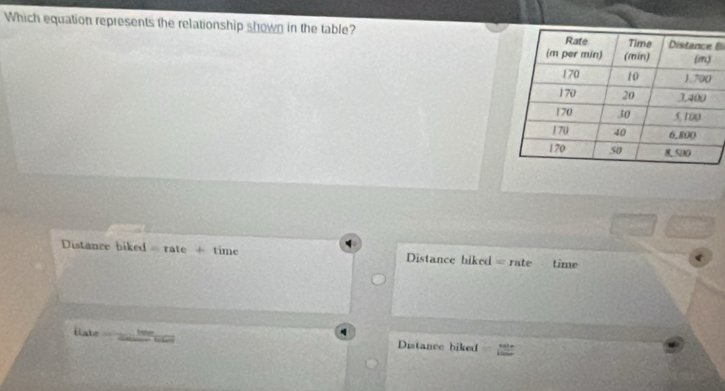 Which equation represents the relationship shown in the table?
Distance biked rate + time Distance biked = rate time
late Distance biked